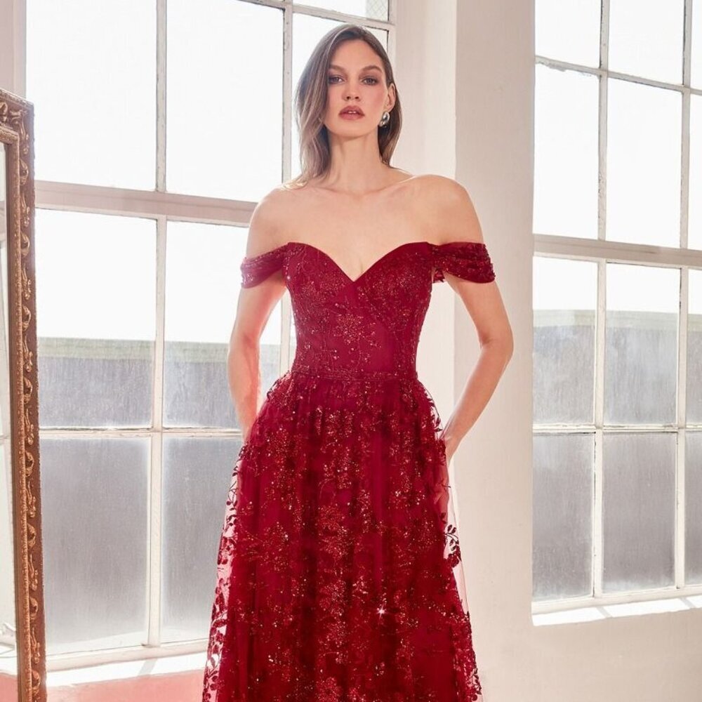 New Off Shoulder A-Line Sequins Embellished Maxi Gown w/ Sweetheart Neck CD T607